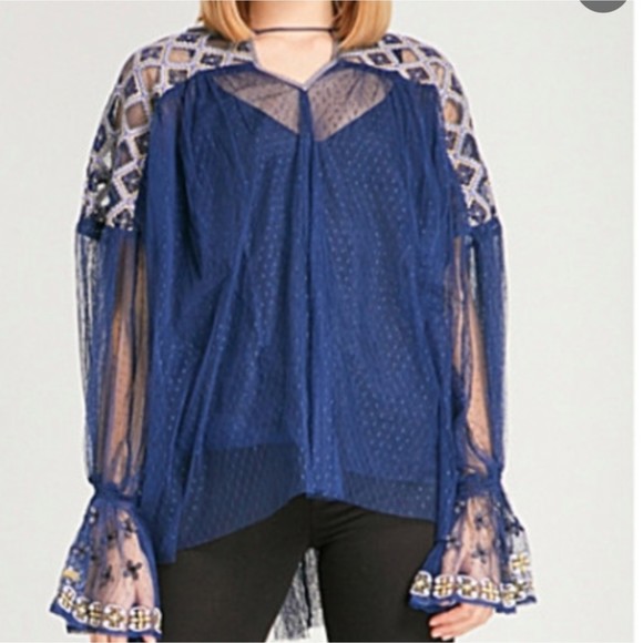 Free People Joyride Embroidered Sheer Mesh Long Sleeve Top M - Picture 8 of 8